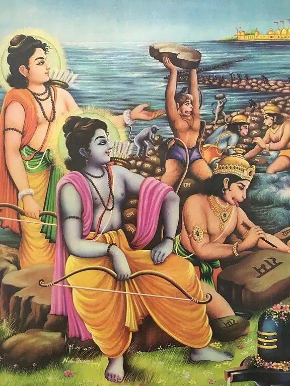 Painting depicting Lord Rama building a bridge to Lanka.